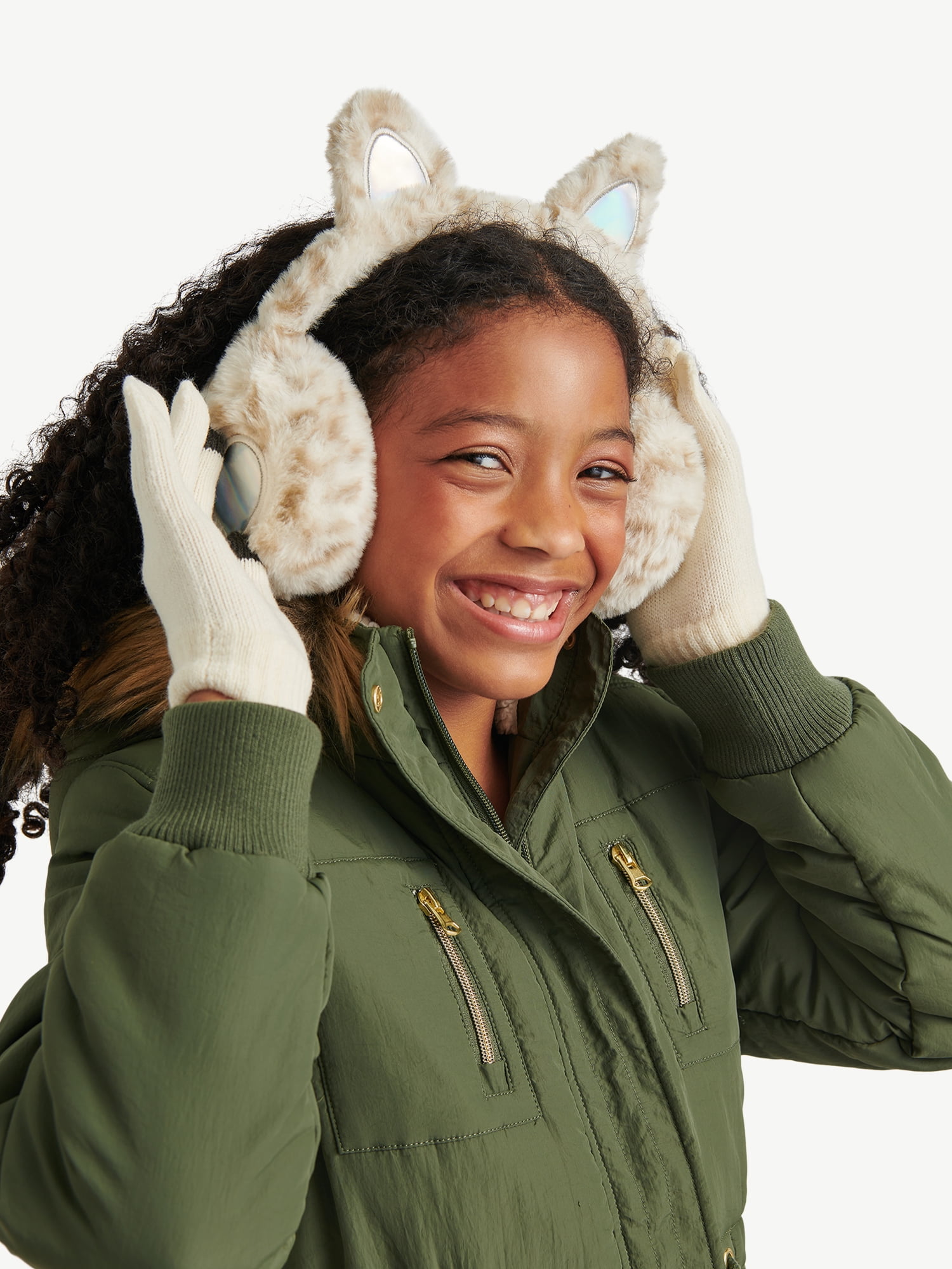 Justice Girls Cheetah Faux Fur Earmuff and Glove Set, Ivory