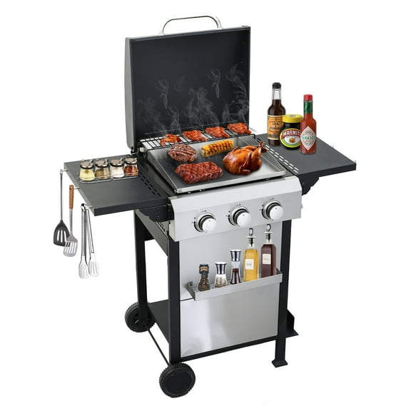 CIG GARDEN 3 Burner Propane Gas Grill, 31,500 BTU Output Flat Top BBQ Grill with Stainless Steel Griddle, Perfect for Outdoor Cooking
