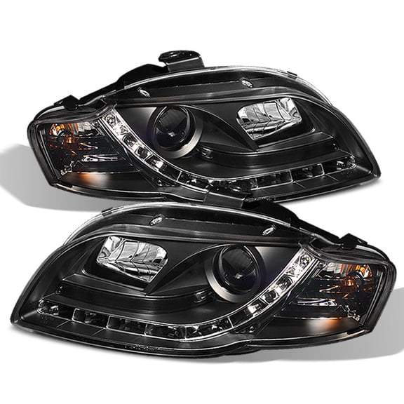 AKKON - For 06-08 Audi A4 A4-Quattro Sport Sedan Wagon Black Bezel DRL Daytime LED Strip Projector Headlights Lamps Left   Right