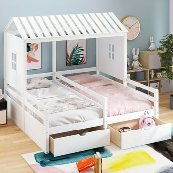 Euroco Wood Twin Size House Double Platform Beds for Kids