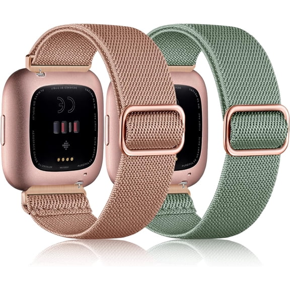 Elastic Bands Compatible with Fitbit Versa 2 Band Women Men, 2Pack Soft Adjustable Nylon Breathable Sport Band for Versa/Versa 2/Versa Lite/SE Smartwatch Loop Stretchy Wristband, Pine Green/Dark Pink