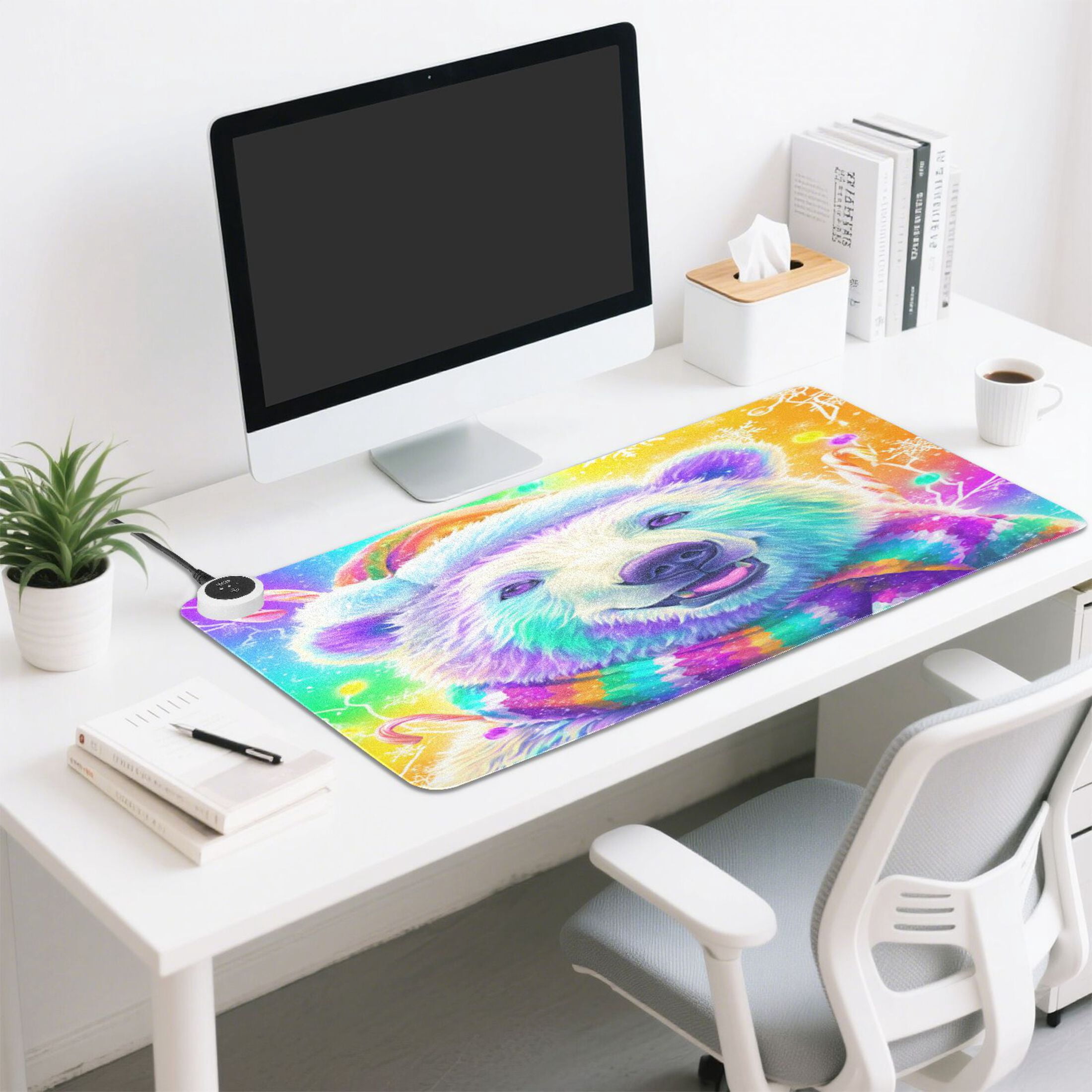 Large Heated Desk Mat Mouse Pad 31.5"x13"PU Leather Graphene Heating Desk Warmer with 3 Temperature Settings 110V US Plug Non-Slip Warm Pad for Home, Office, and Gaming Colorful Polar Bear Pattern