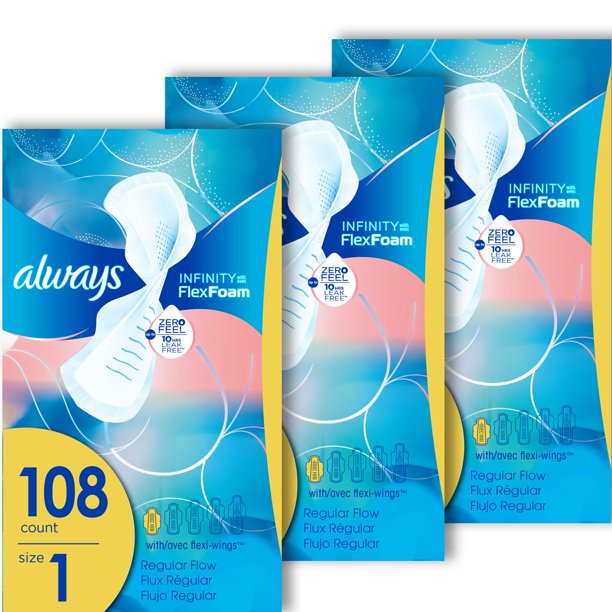 Always Infinity Regular Pads with Wings, Unscented, Size 1, 108 ct