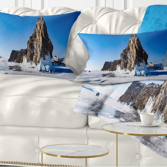 Designart Winter Lake Baikal Panorama - Seashore Throw Pillow - 12x20