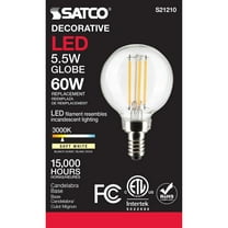 Satco S21210 G16.5 Globe LED Light Bulbs 5.5W 120V 3000K 90CRI E12 Candelabra Base Dimmable (6 Pack)
