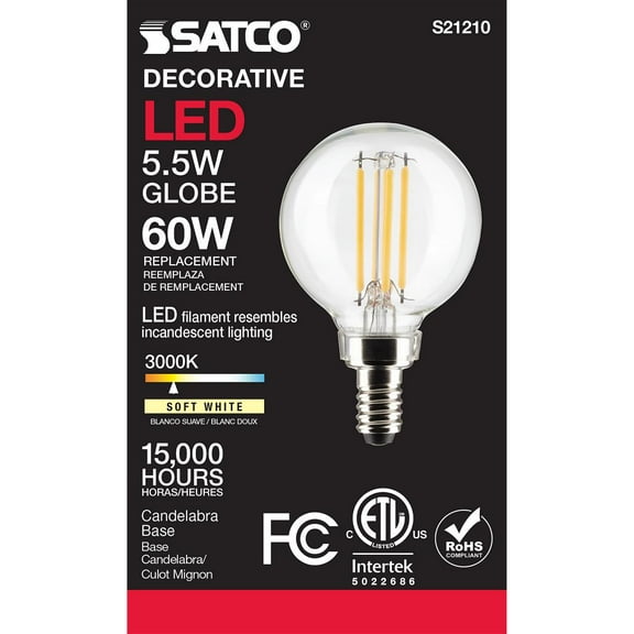 Satco S21210 G16.5 Globe LED Light Bulbs 5.5W 120V 3000K 90CRI E12 Candelabra Base Dimmable (6 Pack)