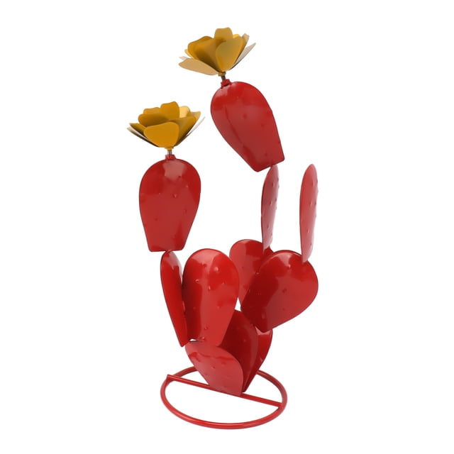 Cactus de tuna de metal con flores, estatua rústica de cactus de hierro, decoración desértica, escultura para jardín, patio, césped, color rojo