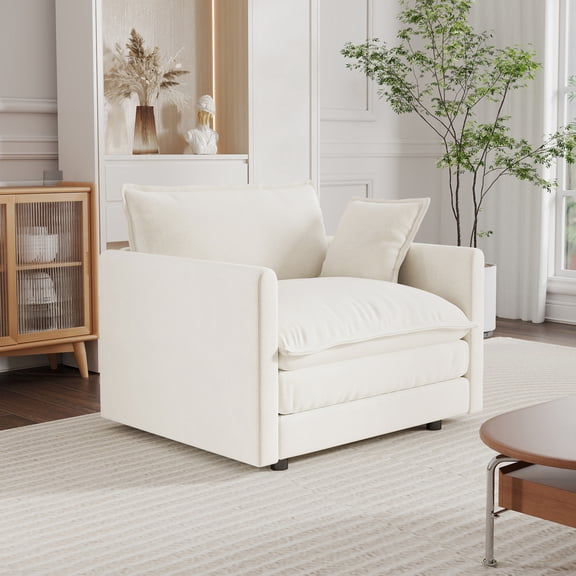 MIKIBAMA Beige Chenille Single Seat Comfy Sofa with Square Arms
