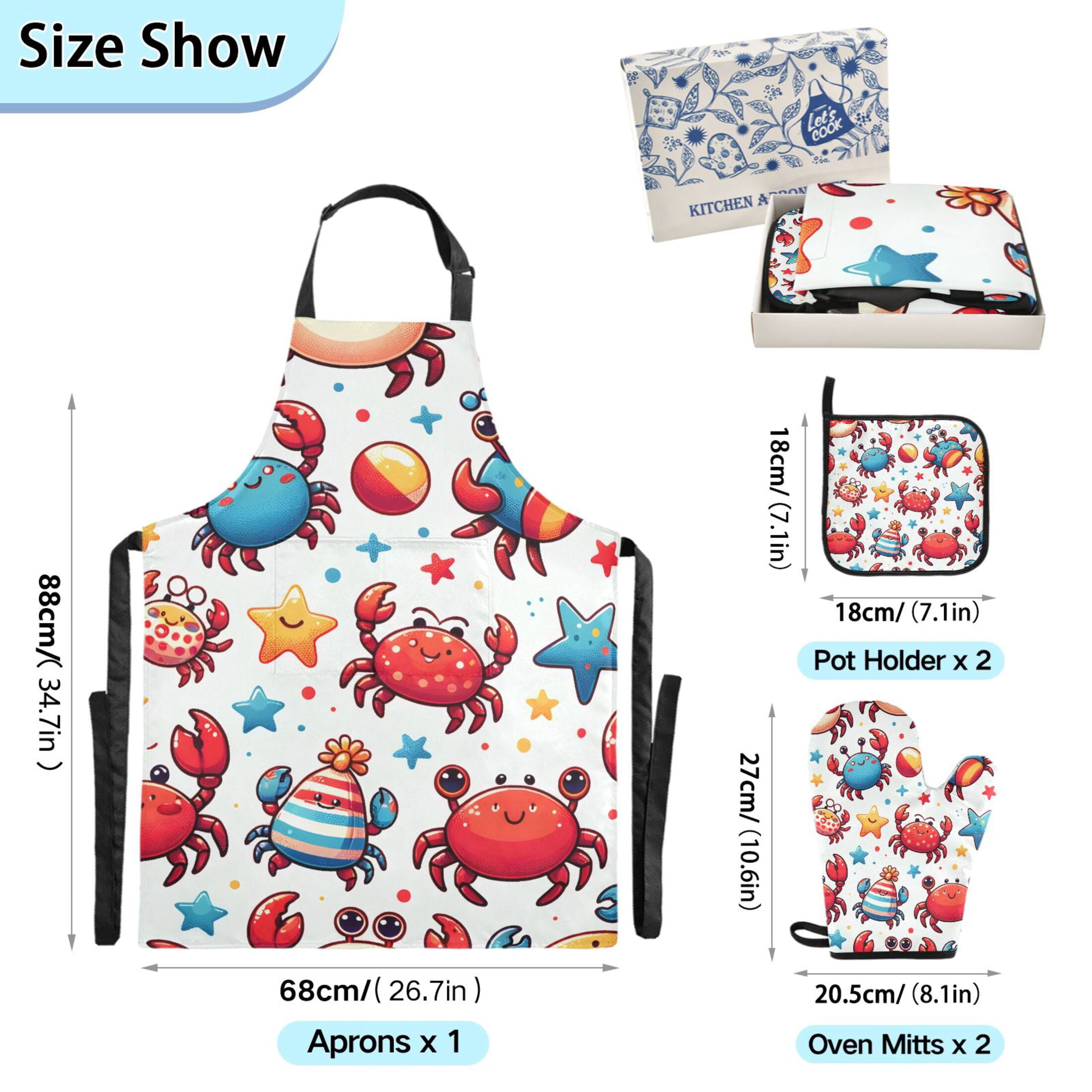 Cute Crabs with Starfish 5 Pcs Kitchen Set Heat Resistant Oven Mitts and Non-Slip Pot Holders with Adjustable Cooking Apron