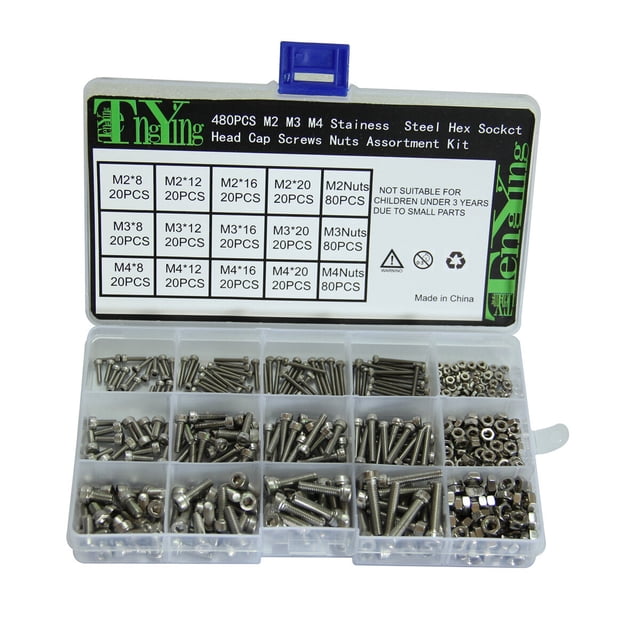 Kit surtido de 480 tornillos y tuercas de cabeza hueca métrica de acero inoxidable 304 con caja.