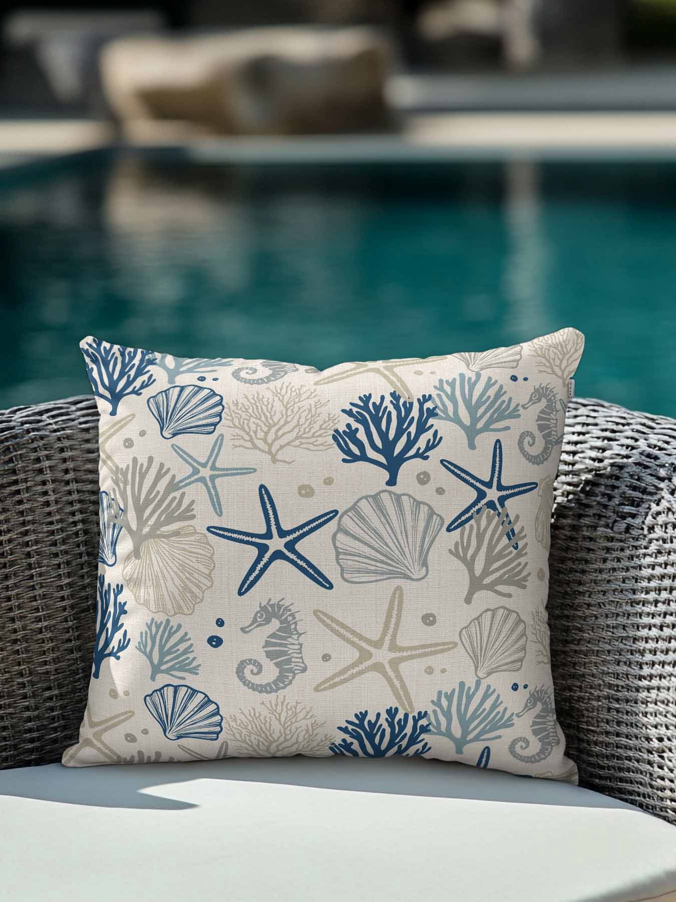 Waterproof Outdoor Throw Pillows with Inserts 18"x18", Blue Beige Coastal Soft Decorative Pillowcases for Couch Bedroom, Summer Beach Starfish Coral Nautical Rustic Pillow Covers for Sofa Living Room