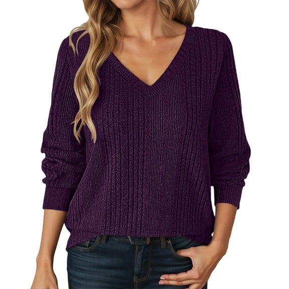PMVFHDE Women's Daily Casual Long Sleeve V-Neck Solid Color Knitted Pullover Sweater Tops for Fall Dark Purple,L