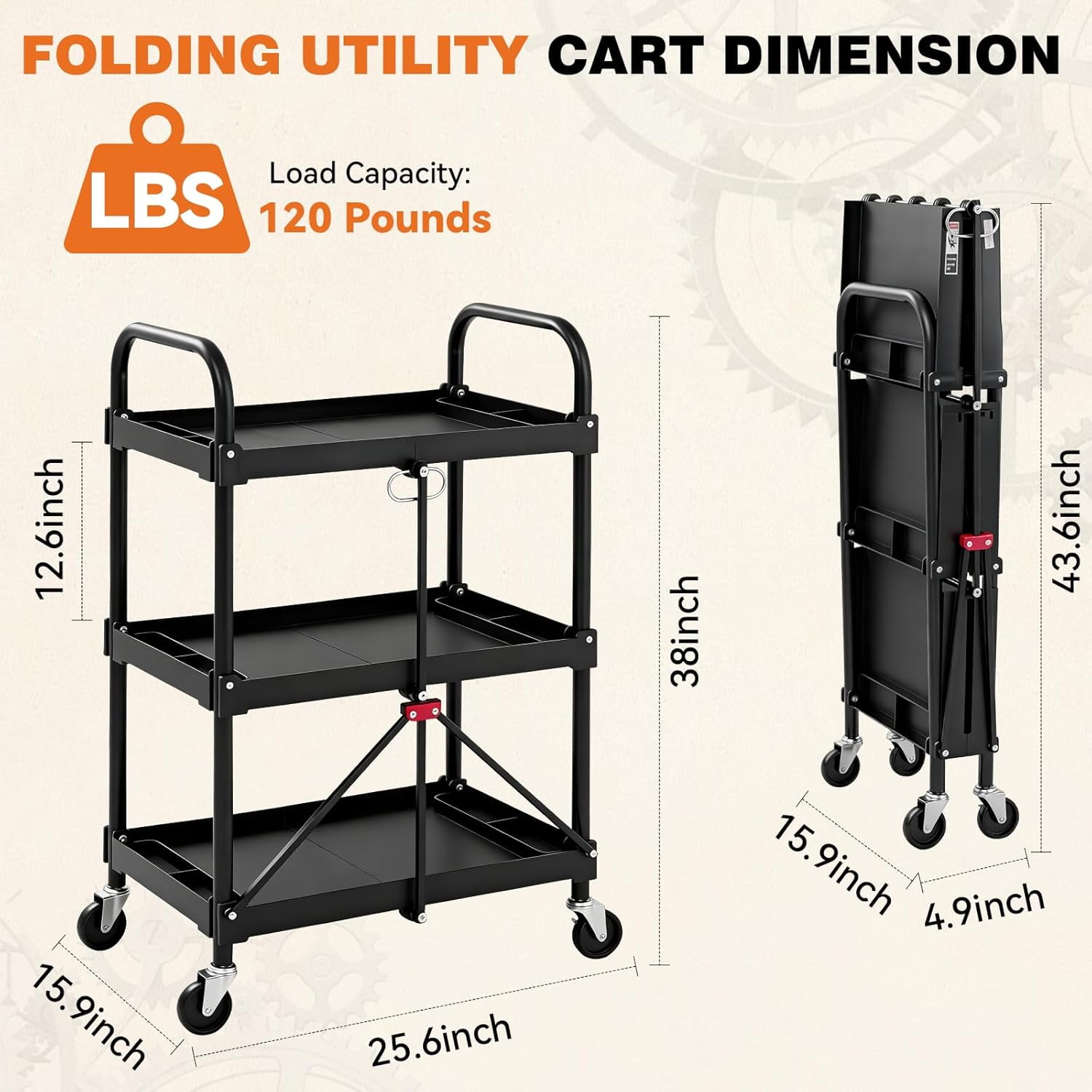 Gianna 3-Tier Foldable Utility Collapsible Service Cart, 120LBS Capacity, Black