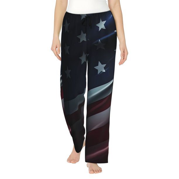 Balery American Flag Waving Print Pantalones de pijama para mujer, pijamas ultraligeros, pantalones de estar por casa-X-Large