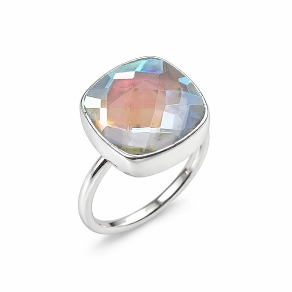 Fine 925 Sterling Silver Ring For Womens Mystic Topaz Ring Sterling Silver Ring Cushion Cut Gemstone Ring Size US 4.5