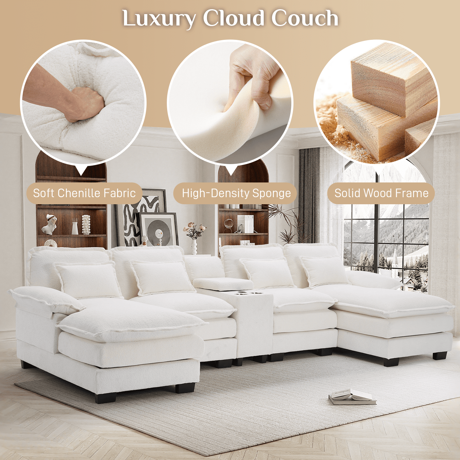 Wiilayok 133" U Shaped Cloud Couch Modular Sectional Couches for Living Room Fluffy Chenille Deep Seat Sofa Set with Double Chaise Lounge, Storage Central Console, Cup Holders, USB Port, Beige White