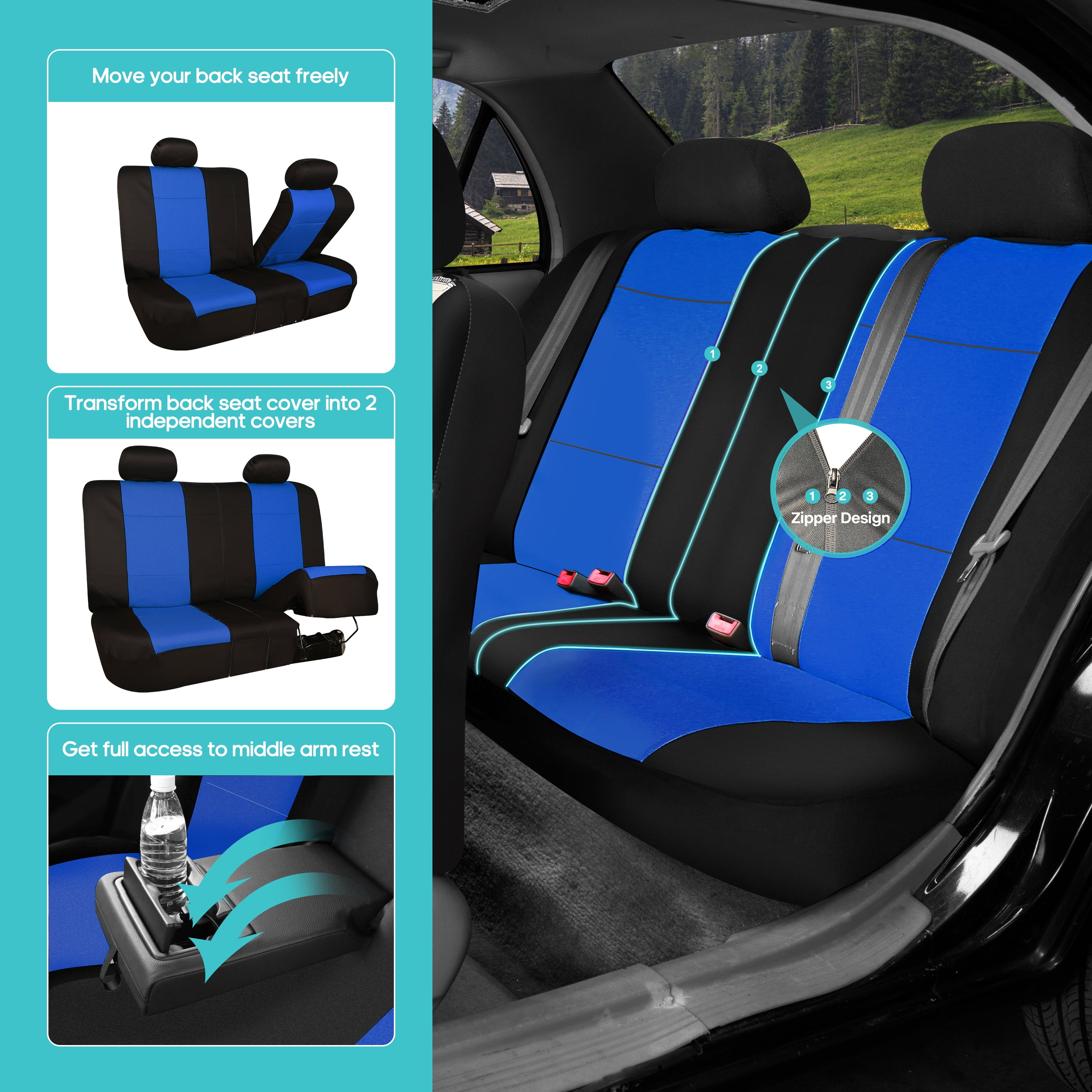 FH Group Neoprene Universal Car Seat Covers Fit For Car Truck SUV Van - Rear Bench Blue