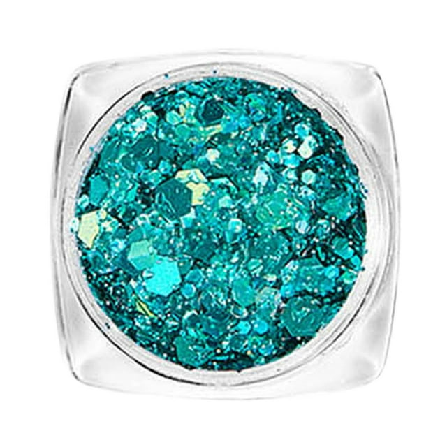 WIFKLSIIPG Body Glitter Face Glitter Makeup Glitter Gel in a vibrant turquoise shade, displayed in a compact transparent container. The glitter features a mix of fine and chunky particles, offering a shimmering effect suitable for face, body, and hair applications. Long-lasting and skin-friendly, ideal for creating dazzling makeup looks.