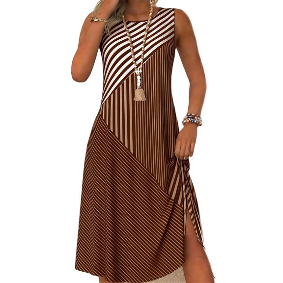 XPMWRP Women's Sleeveless Crew Neck Diagonal Striped Print Side Split Maxi Dress Loose Fit Flowy Casual Sundress Summer Daily Wear Dress Brown M