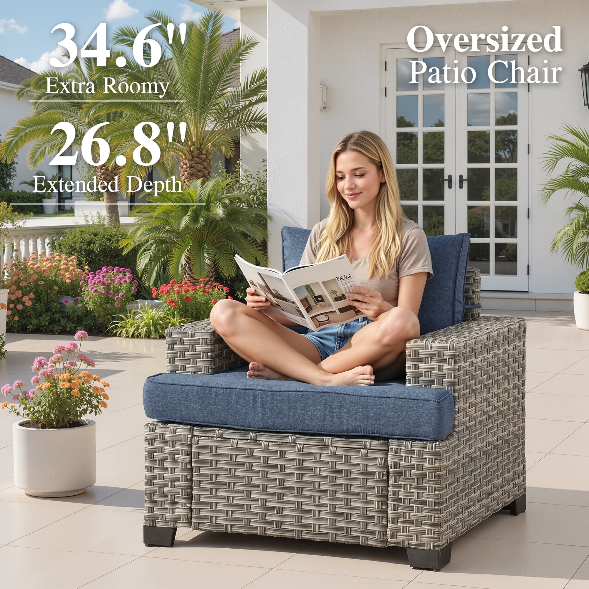 Ovios 7 Pieces Outdoor Patio Furniture Set All-Weather Rattan Wicker Sectional Sofa and Chairs with Ottomans, Denim Blue