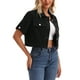 thumbnail image 4 of CHAQUETA DE JEAN CORTA DE MANGA CORTA CON BOTONES DESGASTADA Y DESHECHA PARA MUJERES INSPIRADA EN CHIC NEGRA TALLA S, 4 of 6