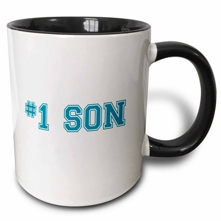3dRose #1 Son - Number One Son for worlds greatest and best sons - child children kids offspring blue text - Two Tone Black Mug,