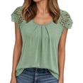 thumbnail image 3 of Women Tshirt Lace Sleeve Hollow Short Sleeve Round Neck Loose T Shirt Tops for Women Light Green L, 3 of 7