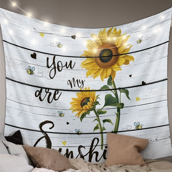 Sunflower Tapestry for Bedroom Wall Hanging Tapestry, Pastoral Farmhouse Botanical Floral Wooden Ceiling Backdrop Tapestries Poster Blanket Wall Decor for Teens Room Living Room Dorm 59" x 90"