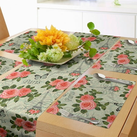 

Shabby Flora Table Runner & Placemats Paris Lettering with Roses and Leaves Abstract Pale Blue Grey Backdrop Set for Dining Table Placemat 4 pcs + Runner 14 x90 Salmon and Green by Ambesonne