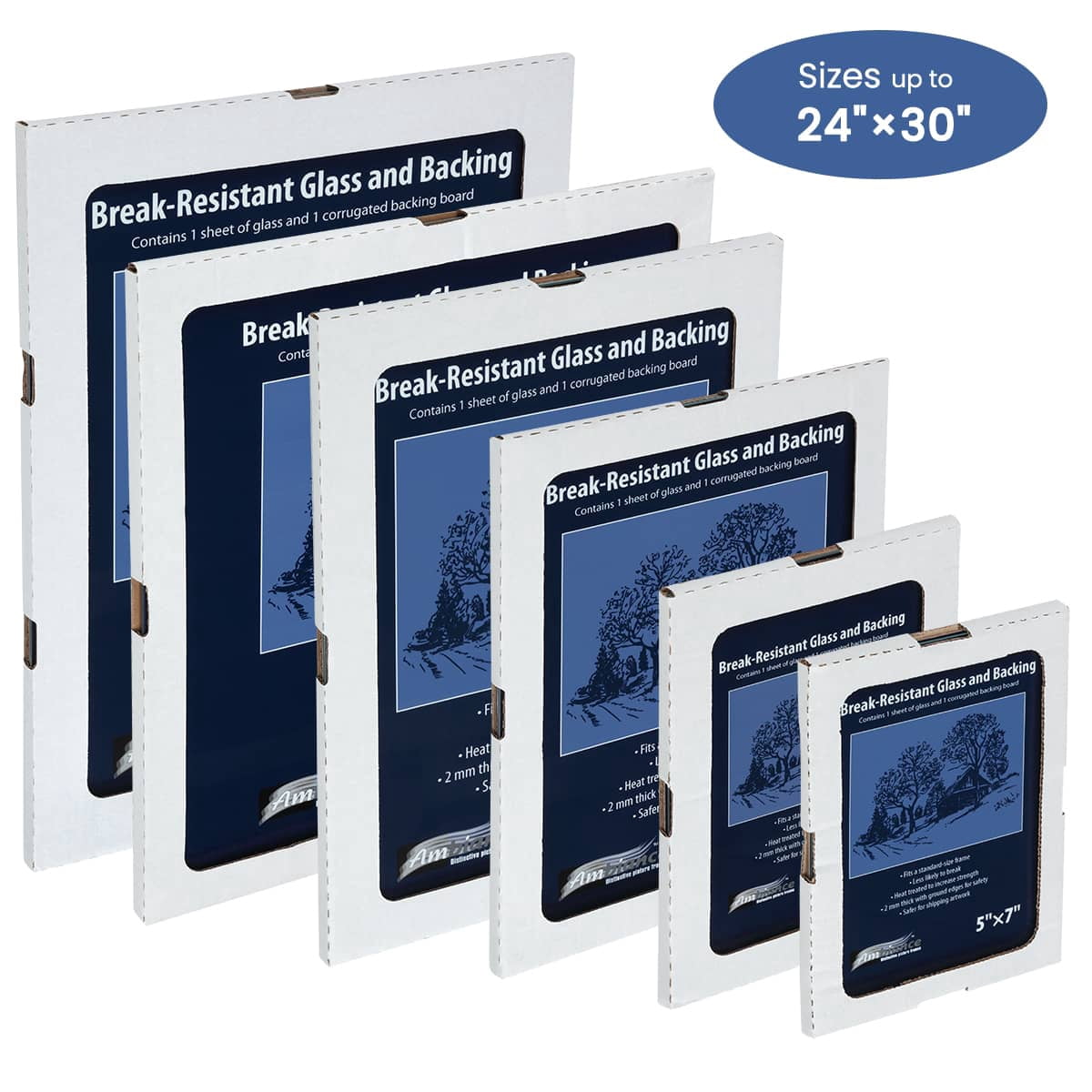 Ambiance Break-Resistant Picture Frame Glass and Backing, 18x24" Pack of 6, for Replacement or Empty Frames, 2mm Thick, Rounded Edges for Safe Handling, White Corrugated Cardboard
