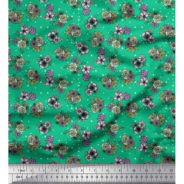 Soimoi Tissu Crêpe Polyester Étoiles, Feuilles & Roses Imprimés Floraux au Mètre 42 Pouces de Large