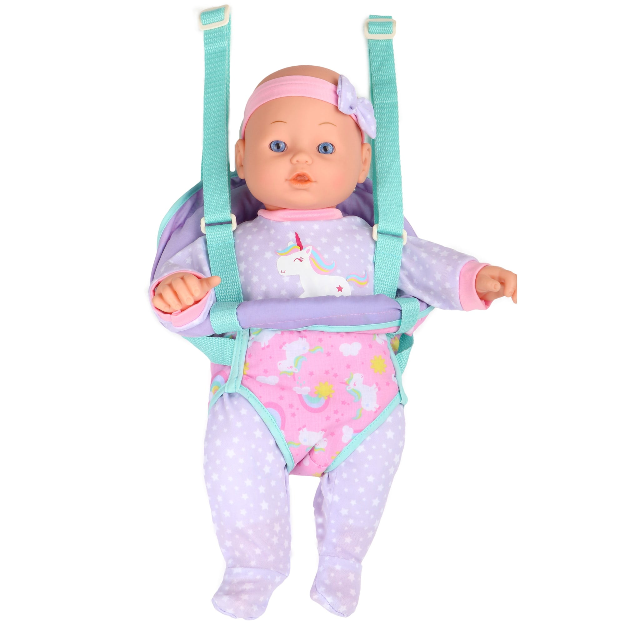 Dream Collection: Deluxe 16" Baby Doll Traveling Set - Unicorn, Grey-Pink-Green - Plush Bear, Bag &Toy Care Accessories, Bassinet & Carrier, Kids 2+