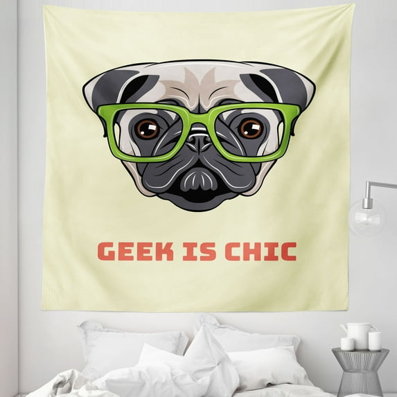 Nerdy Tapestry, Geek Lettering and Funny Pug with Green Glasses Animal Puppy Pet, Fabric Wall Hanging Decor for Bedroom Living Room Dorm, 5 Sizes, Pale Yellow and Multicolor, by Ambesonne