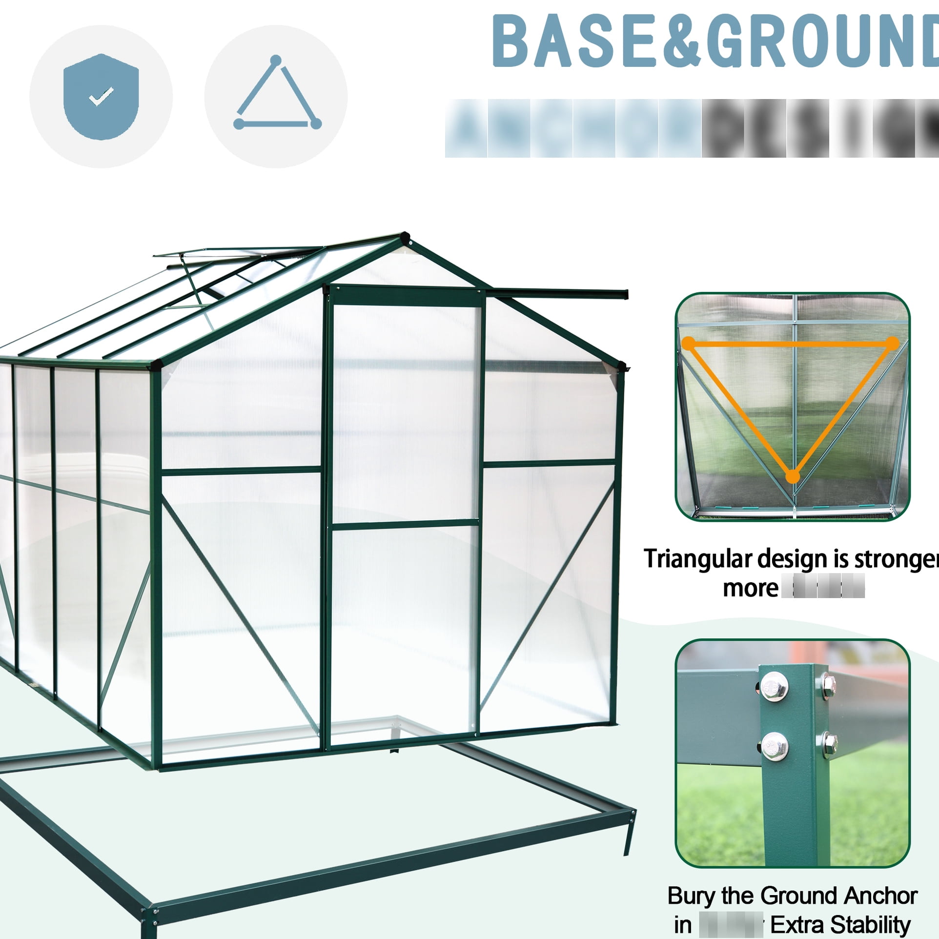 Walk-in Greenhouse 6'x8', Polycarbonate, High Transmission, Effective Water Drainage 6'x8' Outdoor Polycarbonate Greenhouse, Thermally Insulated, Sliding Door Convenience
