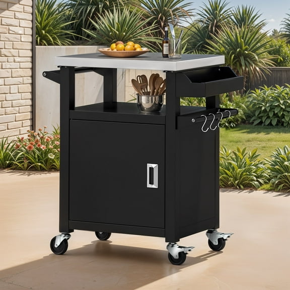 ModFusion 36" Outdoor Rolling Bar Cart with Stainless Steel Top Storage Cabinet Outdoor Grill Prep Table