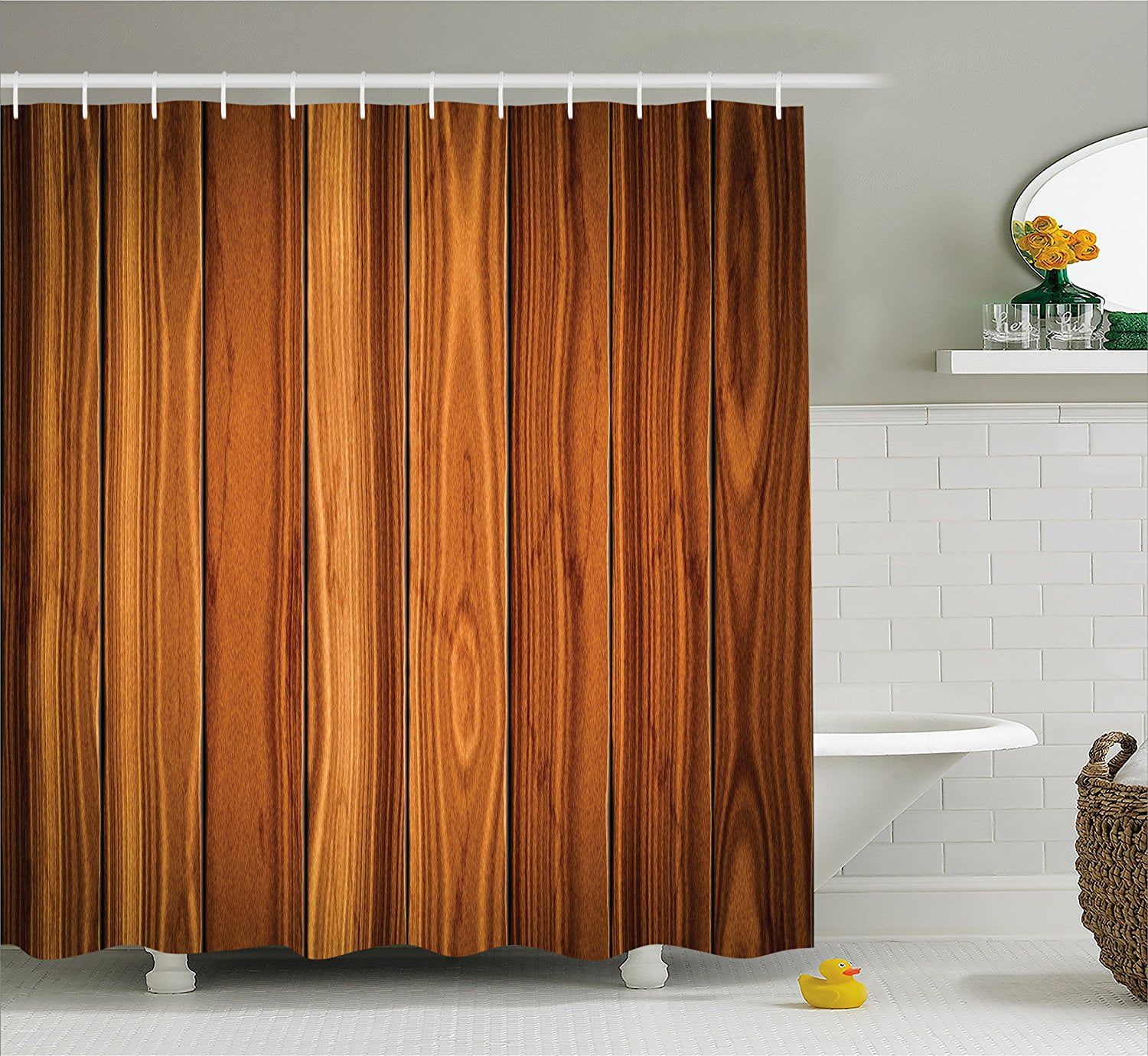 Rustic Brown Wood Board Shower Curtain Set Bathroom Waterproof Fabric Hooks 71" 