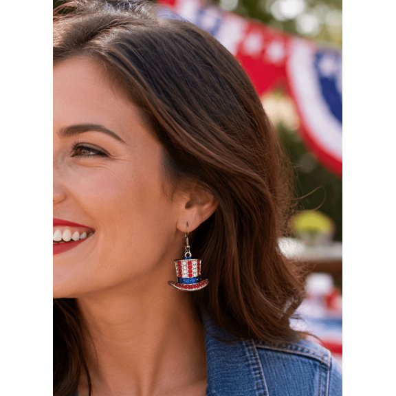 4th July Red White Blue Statement Earrings Top Hat Uncle Sam USA Flag Rhinestone American French Hook Dangle Earring