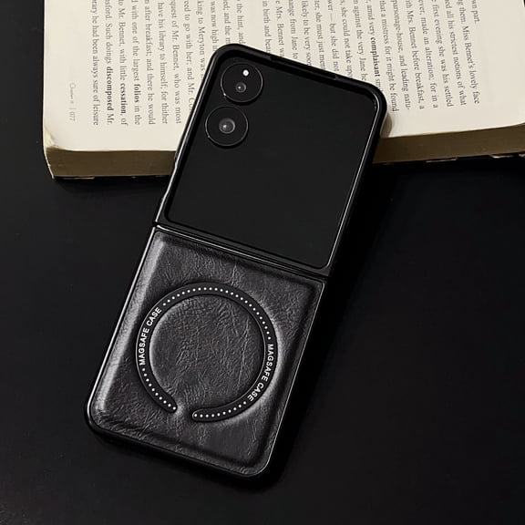 ELEHOLD Shockproof Rigid PC Case for Samsung Galaxy Z Flip8, Faux Leather Magnetic Protective Cover,Black