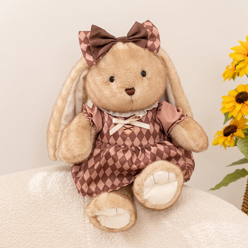 14/18in Vintage Checkered Dress Bunny Plush Toy for Kids, Soft Stuffed Rabbit Doll with Bow, Cute Decorative Plushie, Available in 2 Sizes