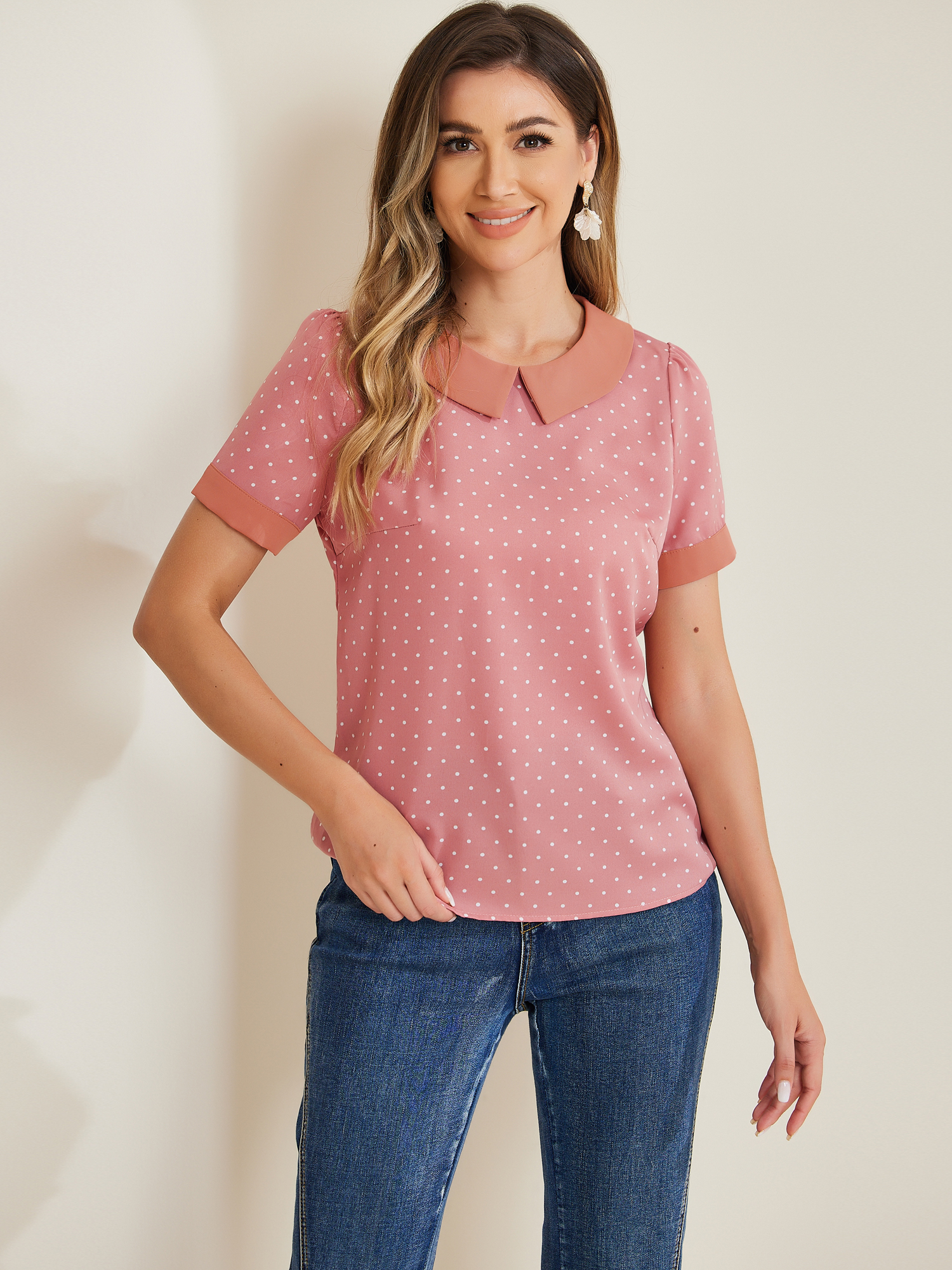 DARING DIVA Women's Peter Pan Collar Polka Dots Short Sleeve Tops XS Dark Pink