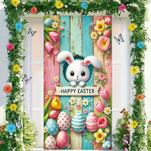 HongHeng Happy Easter Door Cover Bunny Banner Large Fabric Colorful Spring Welcome Decoration for Easter Party Photo Booth Background Favor Supplies, 35 x 70 Inches