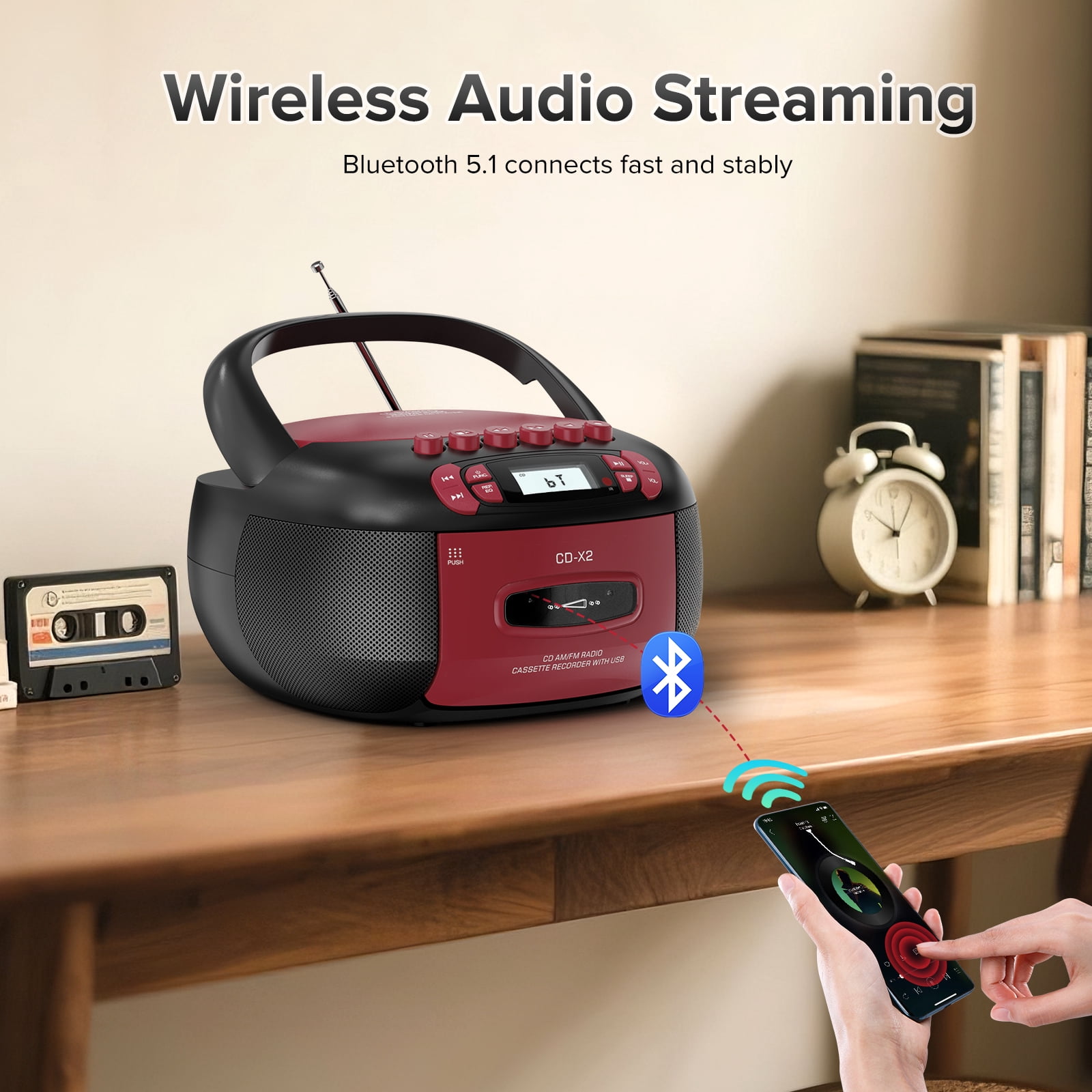 Boombox CD Cassette Player Combo, Boom Box and AM FM Radio with Bluetooth for Home & Outdoor, Stereo Sound with Remote Control