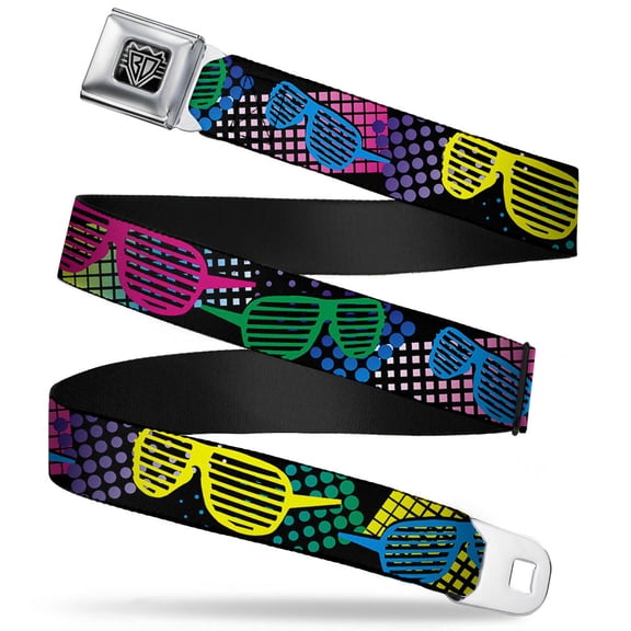 Buckle-Down Belt, Seatbelt Buckle Belt, Eighties Shades Black Neon, 30 to 44 Inches