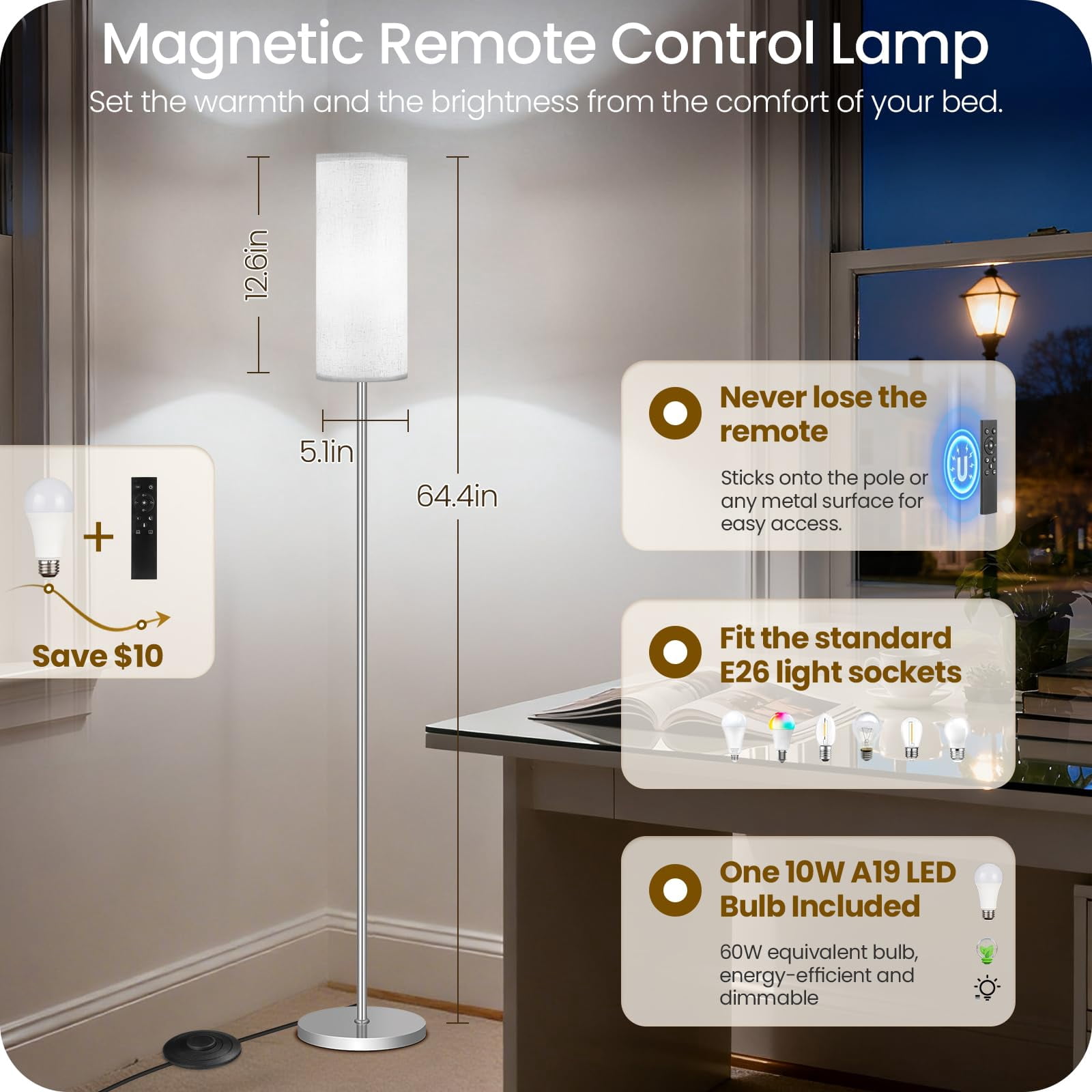 Dimmable Floor Lamps For Living Room With Remote And Foot  64.4" Modern Standing Tall Lamp Corner Office Bulb Included 3000k-6500k Sw06ld05w1