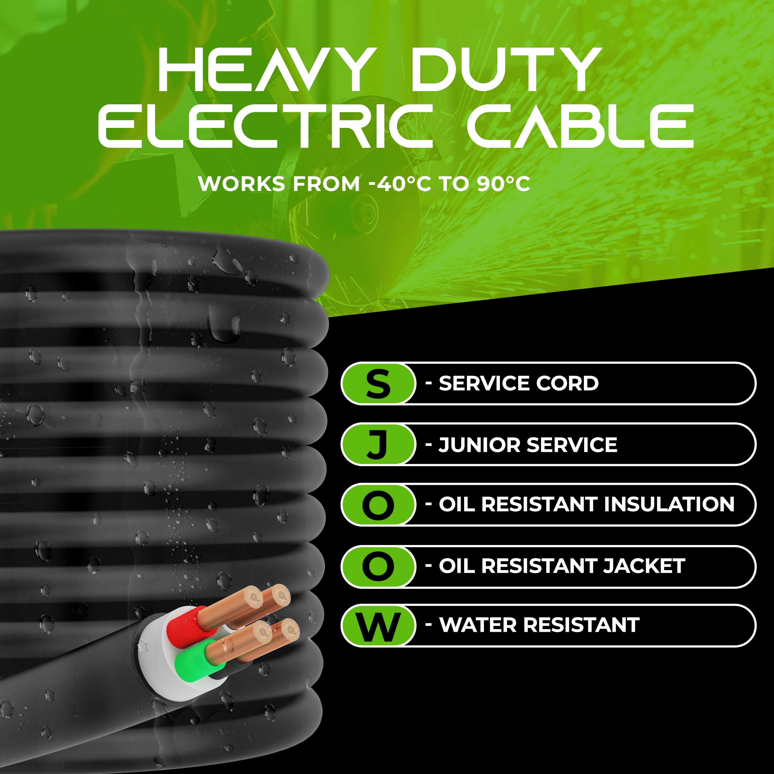 GearIT 10/4 10 AWG Portable Power Cable (50 Feet - 4 Conductor) SJOOW 300V 10 Gauge Electric Wire for Motor Leads, Portable lights, Battery Chargers, Stage Lights and Machinery -50ft Electrical Cord