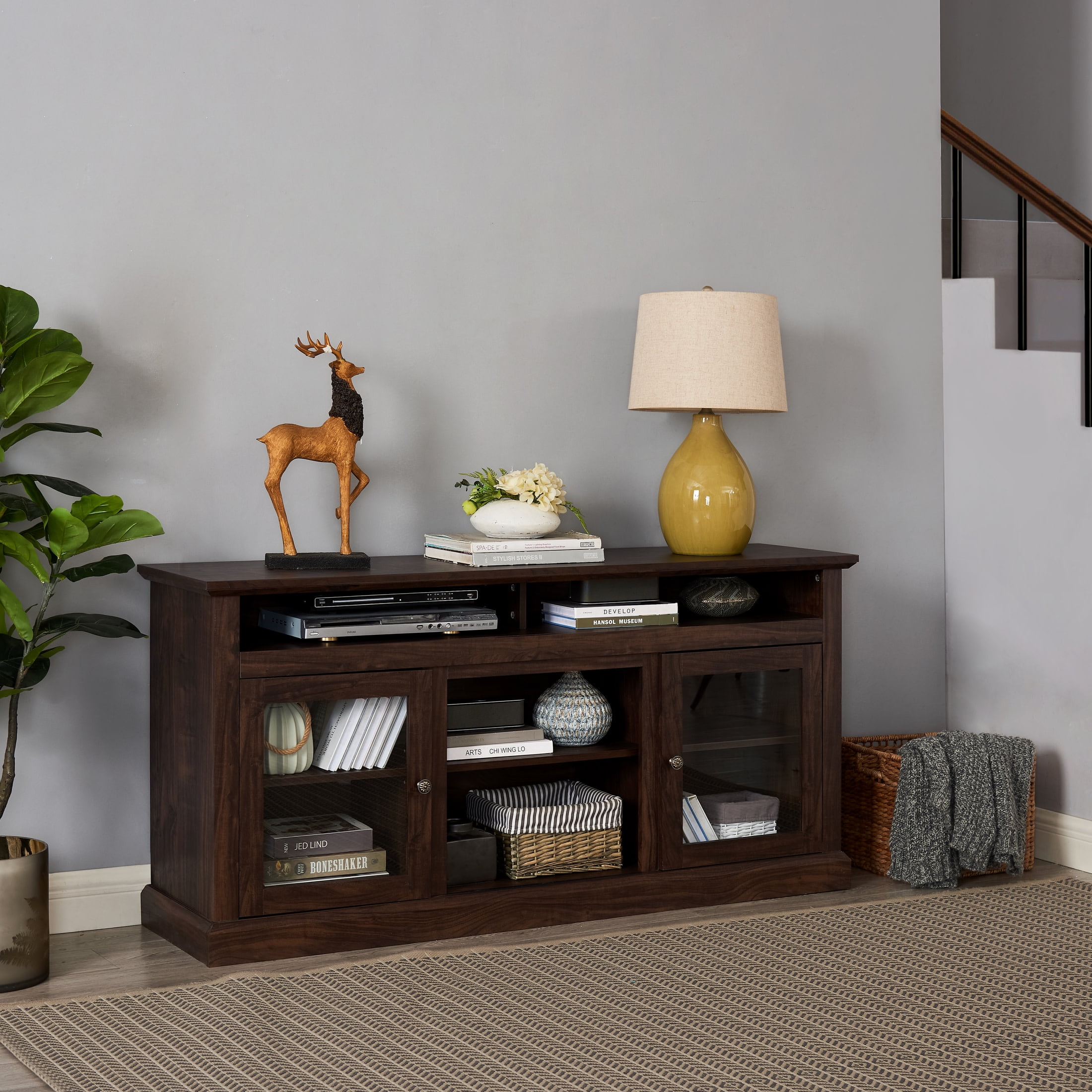 Noble House Fenriver 60" Farmhouse TV Stand, Media Console for 65" TVs with Glass Doors & Cable Management, Brown