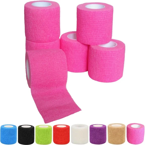 Self Adhesive Bandage Rolls 2"x5 Yards, 6/Pack Elastic Stretch Home First Aid Cohesive Pink Rolls Wrap, Vet Tape