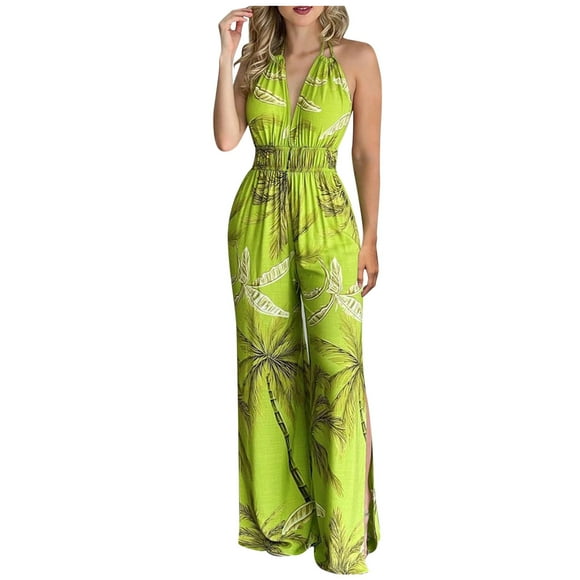 MSJUHEG Jumpsuits For Women Denim Jumpsuit For Women Women Halter Backless Slit Leg Floral Print Jumpsuit Womens Jumpsuit Green S