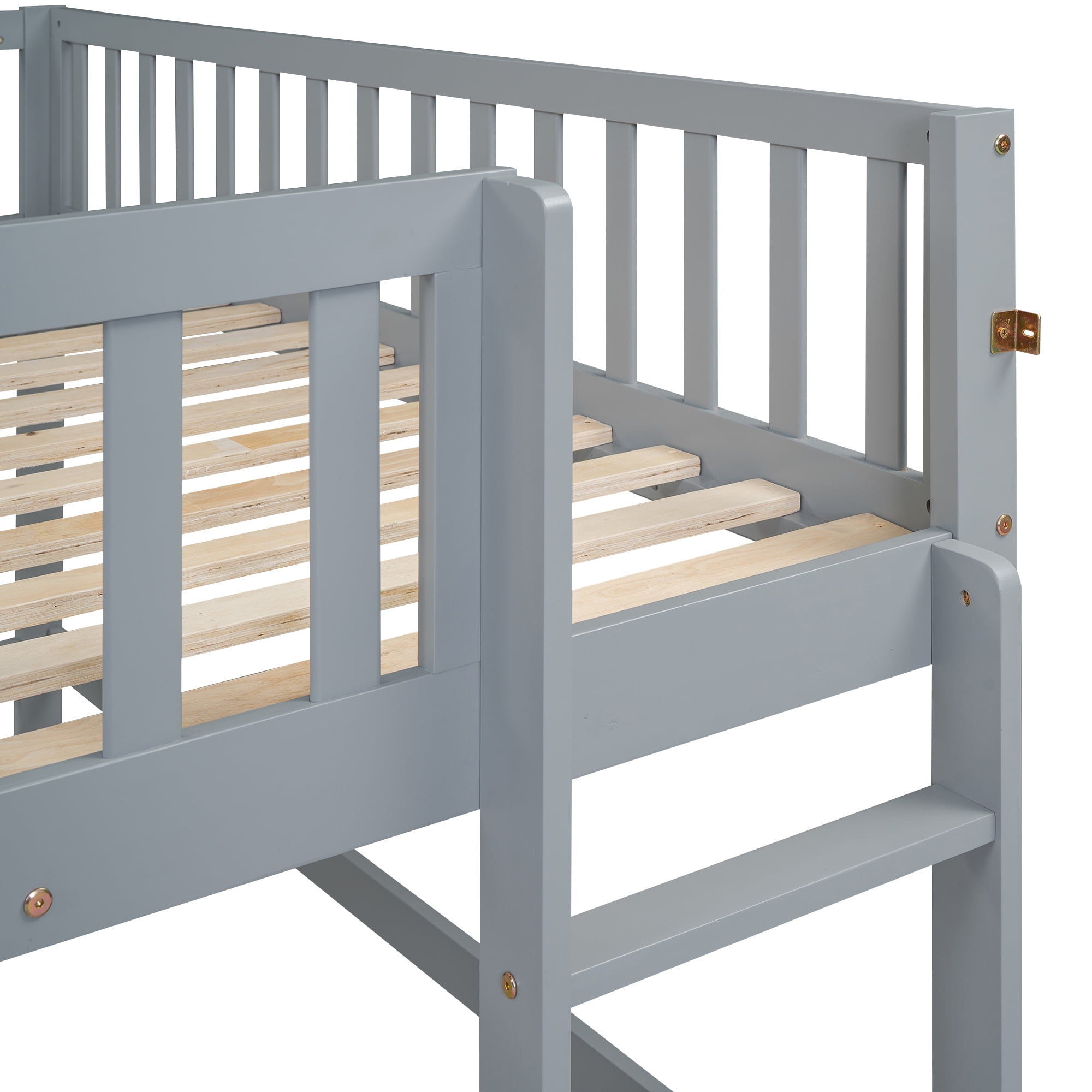 MAYEERTY Full Size Low Loft Bed with Ladder and Slide,Gray
