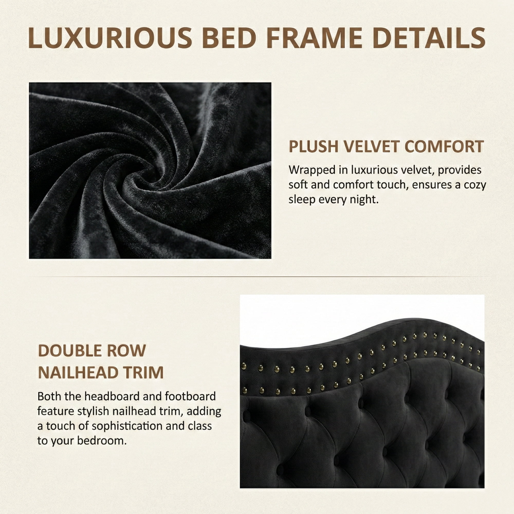 Queen Size Bed Frame with Headboard and Footboard, Upholstered Platform Bed, with 50 Inch Tall Wingback Tufted Headboard, Jet Black Velvet Button Tufted, Sturdy/No Box Spring Needed/Noise Free